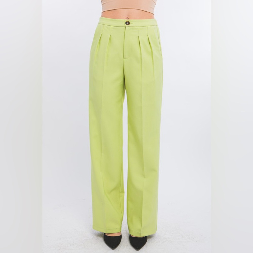Love Tree Lime Green Pleated Wide Leg Trousers